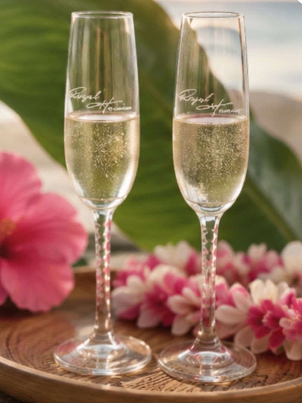 Royal Hawaiian Champagne Flutes Pair Etched Script Toasting Glasses Hawaii